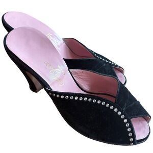 Vtg 1950's I.‎ Magnin California Black Velvet Heels Rhinestone Mules Sz 6.5 VGUC